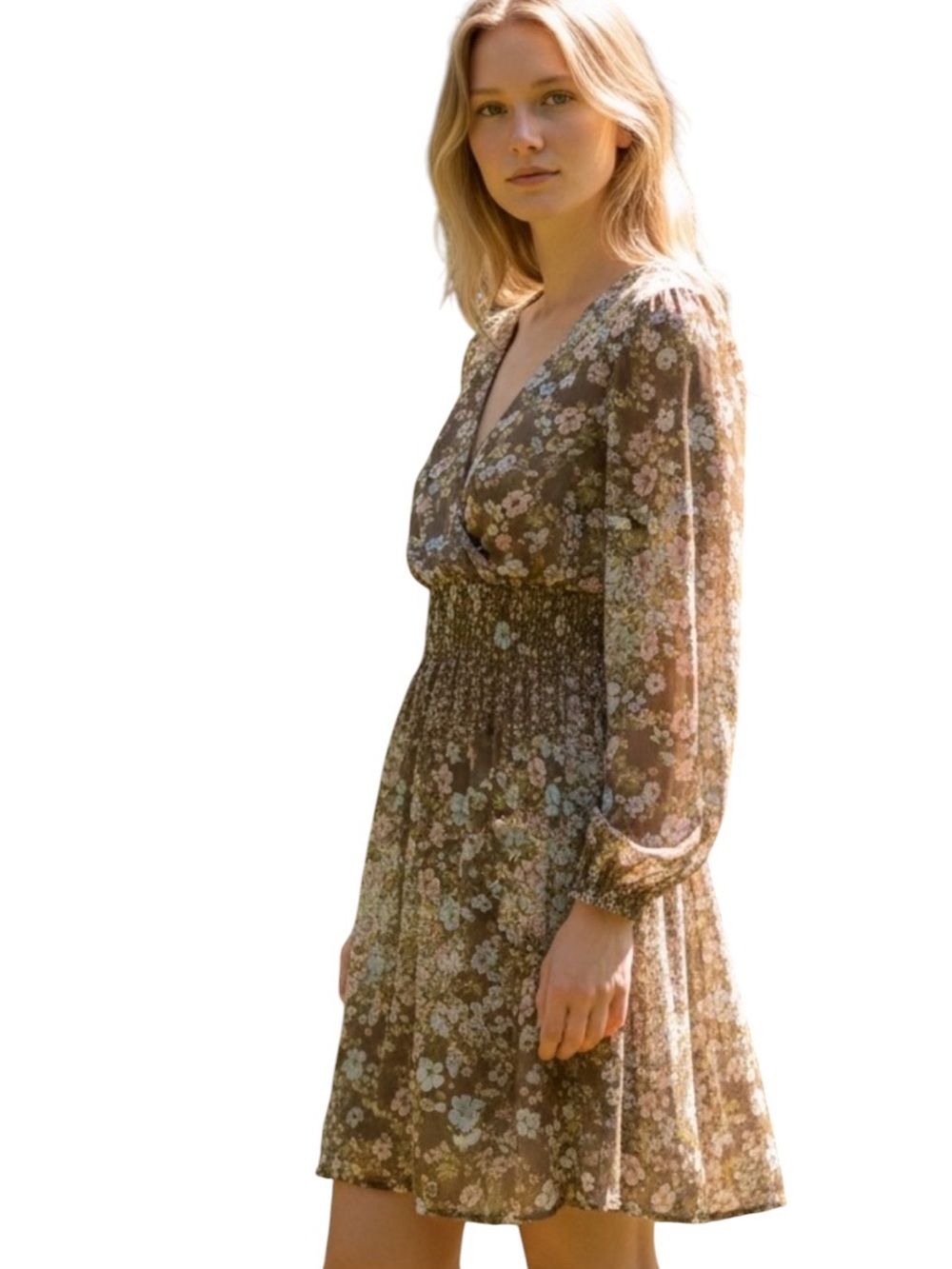 H & M Floral Surplice Floral Ruched High Waist Long Sleeve Lined Dress Size 10